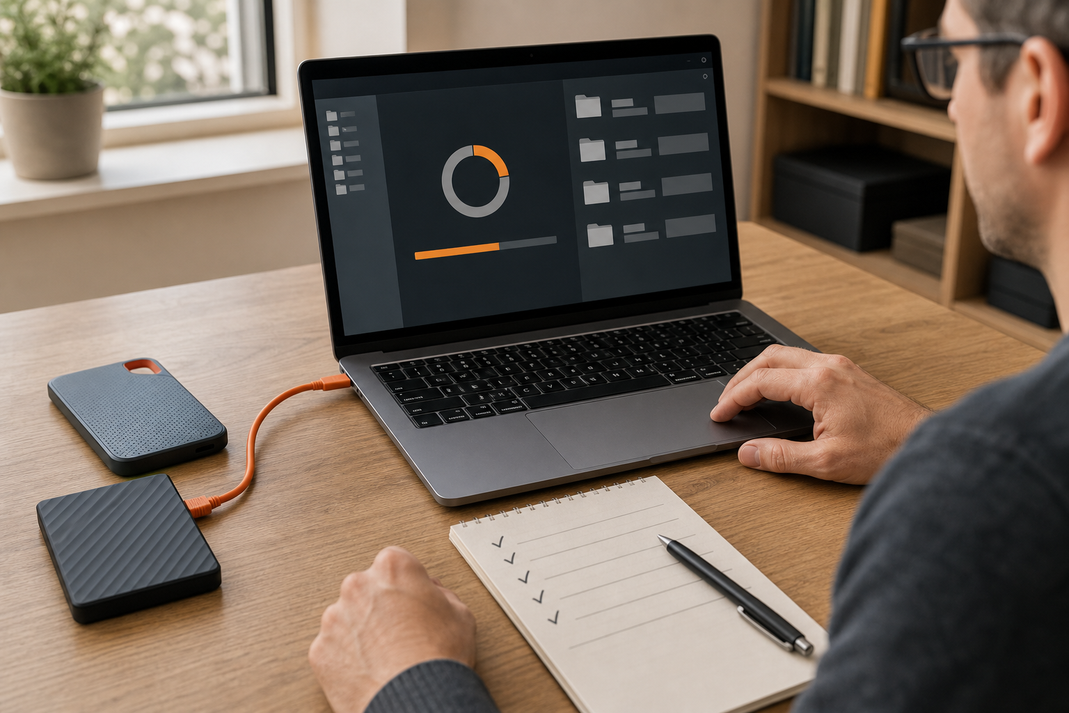 Wiederherstellungstest mit Laptop, zwei externen Laufwerken und Prüfliste