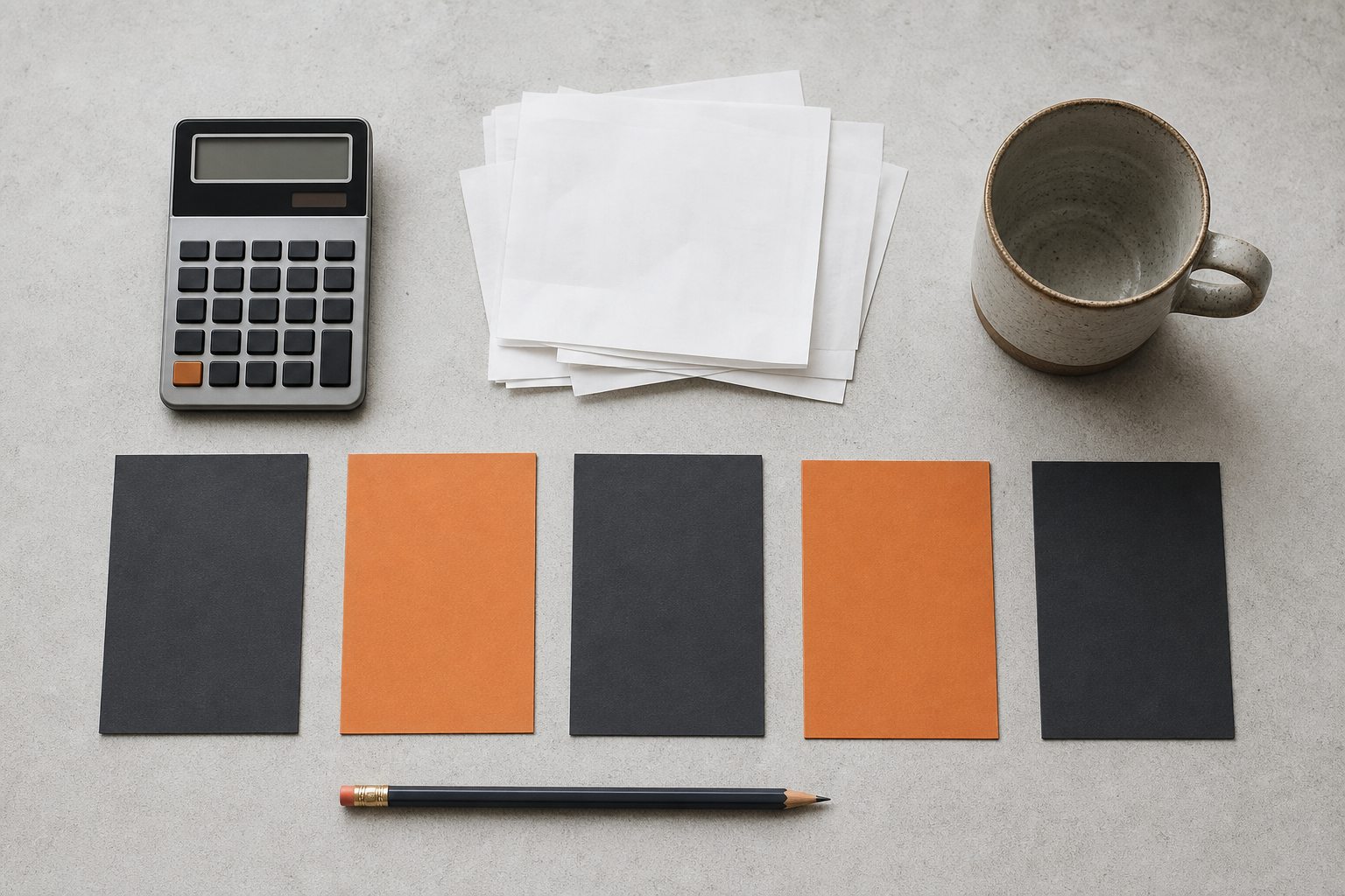 Taschenrechner, verdeckte Belege und orange-schwarze Sortierkarten auf einer hellen Fläche