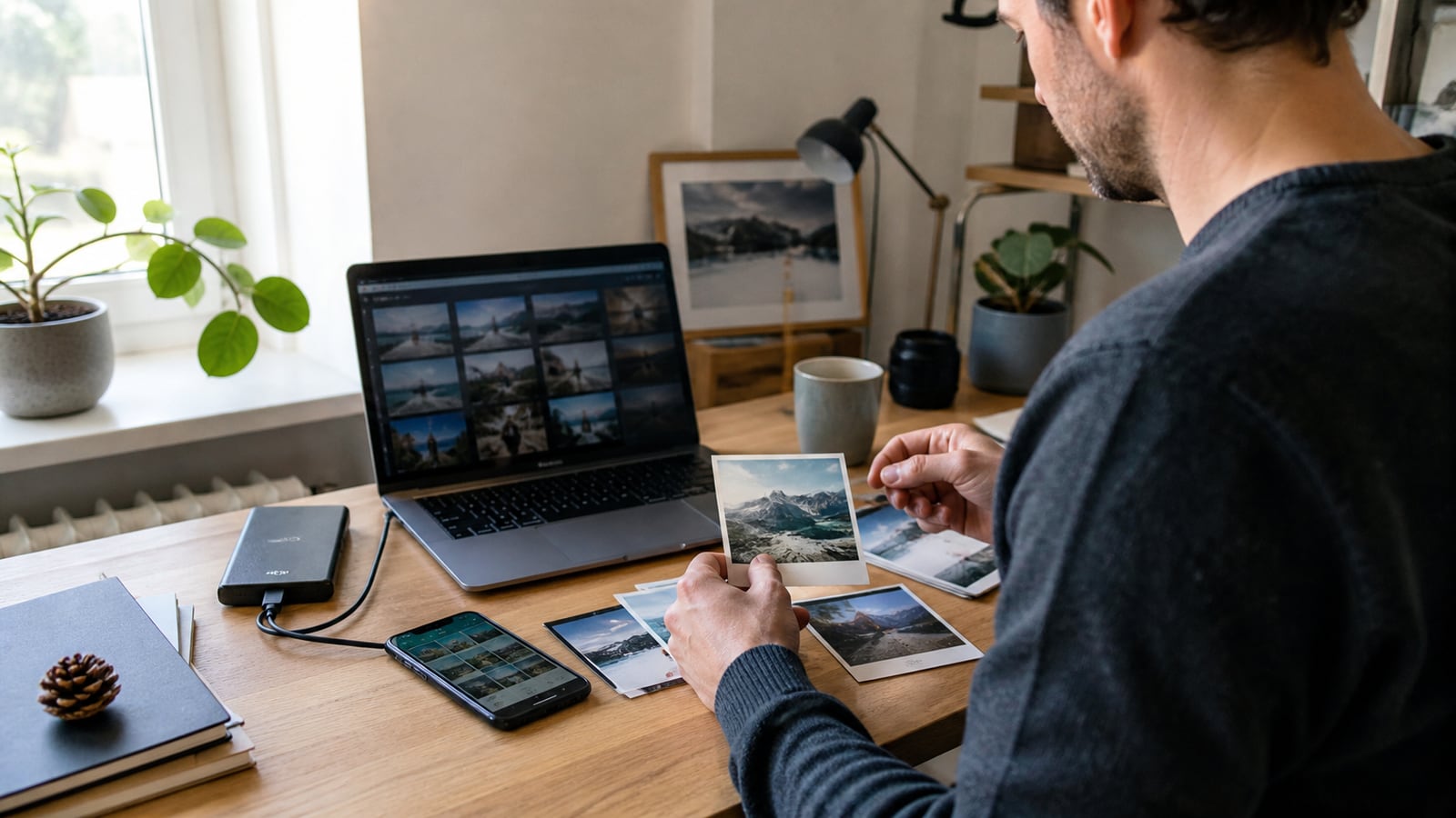 Person ordnet Fotos zwischen Laptop, Smartphone und externer Festplatte
