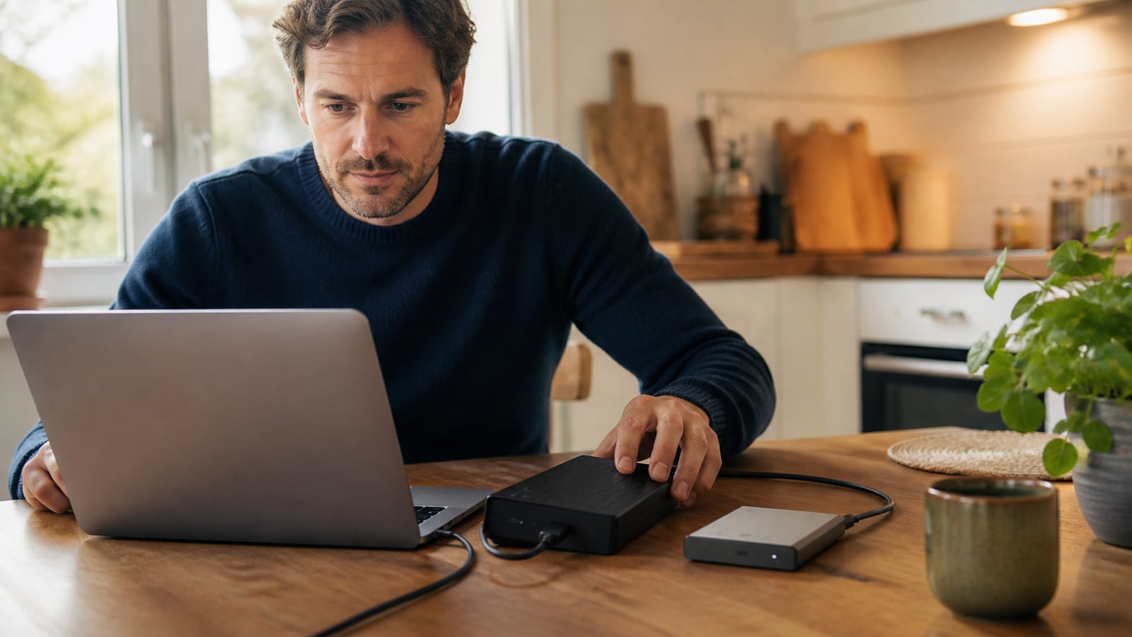 Person kontrolliert ein Laptop-Backup mit zwei externen Festplatten