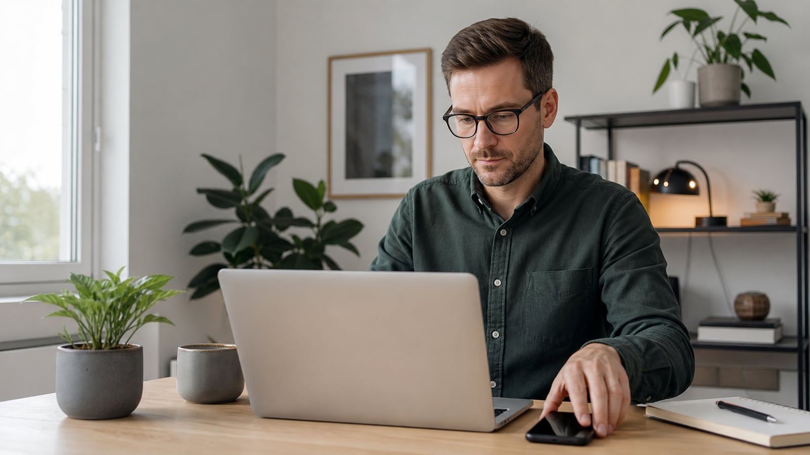 Professional werkt geconcentreerd met de smartphone bewust opzij