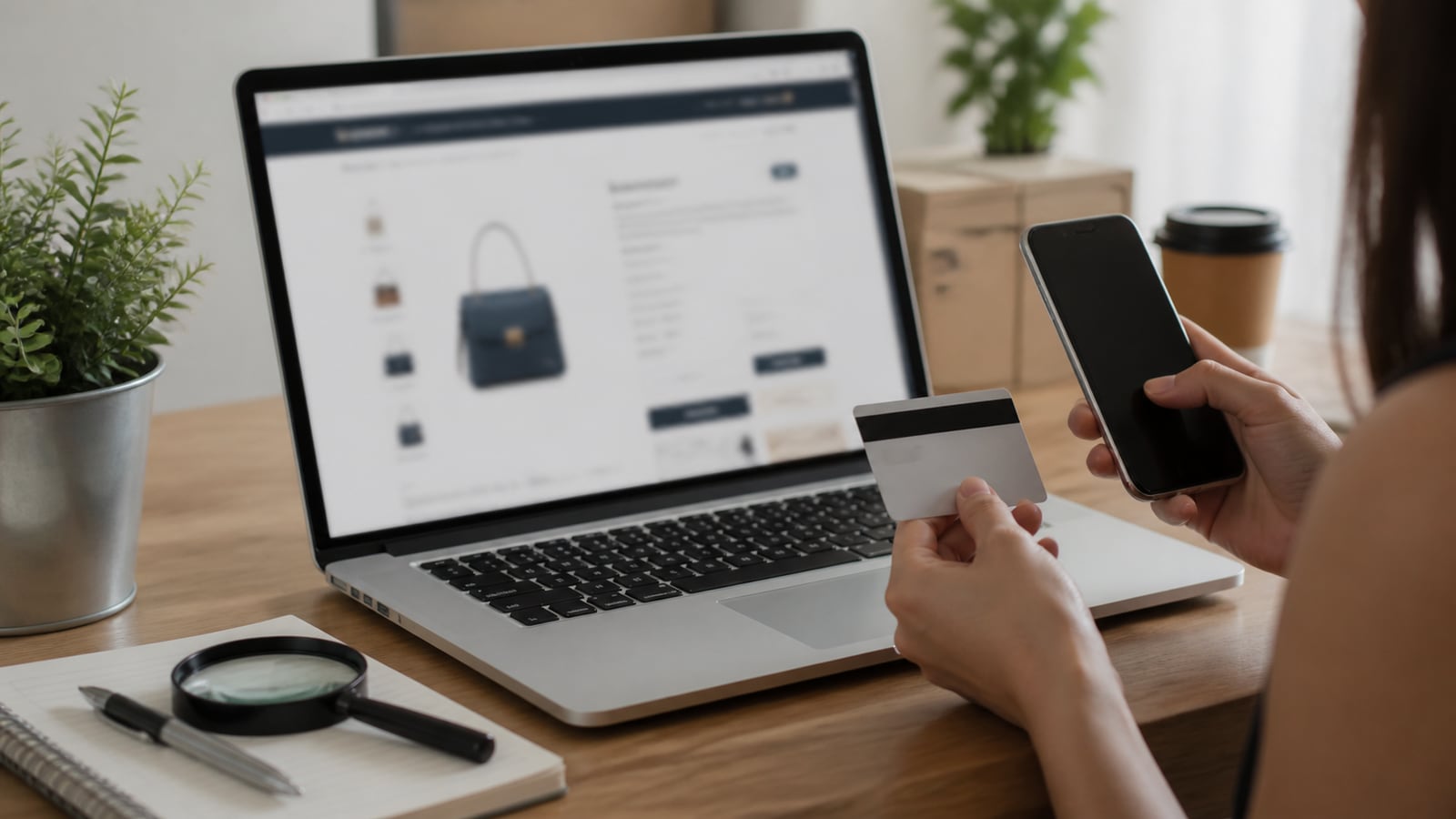 Persoon vergelijkt digitale abonnementen met smartphone en rekenmachine op een bureau