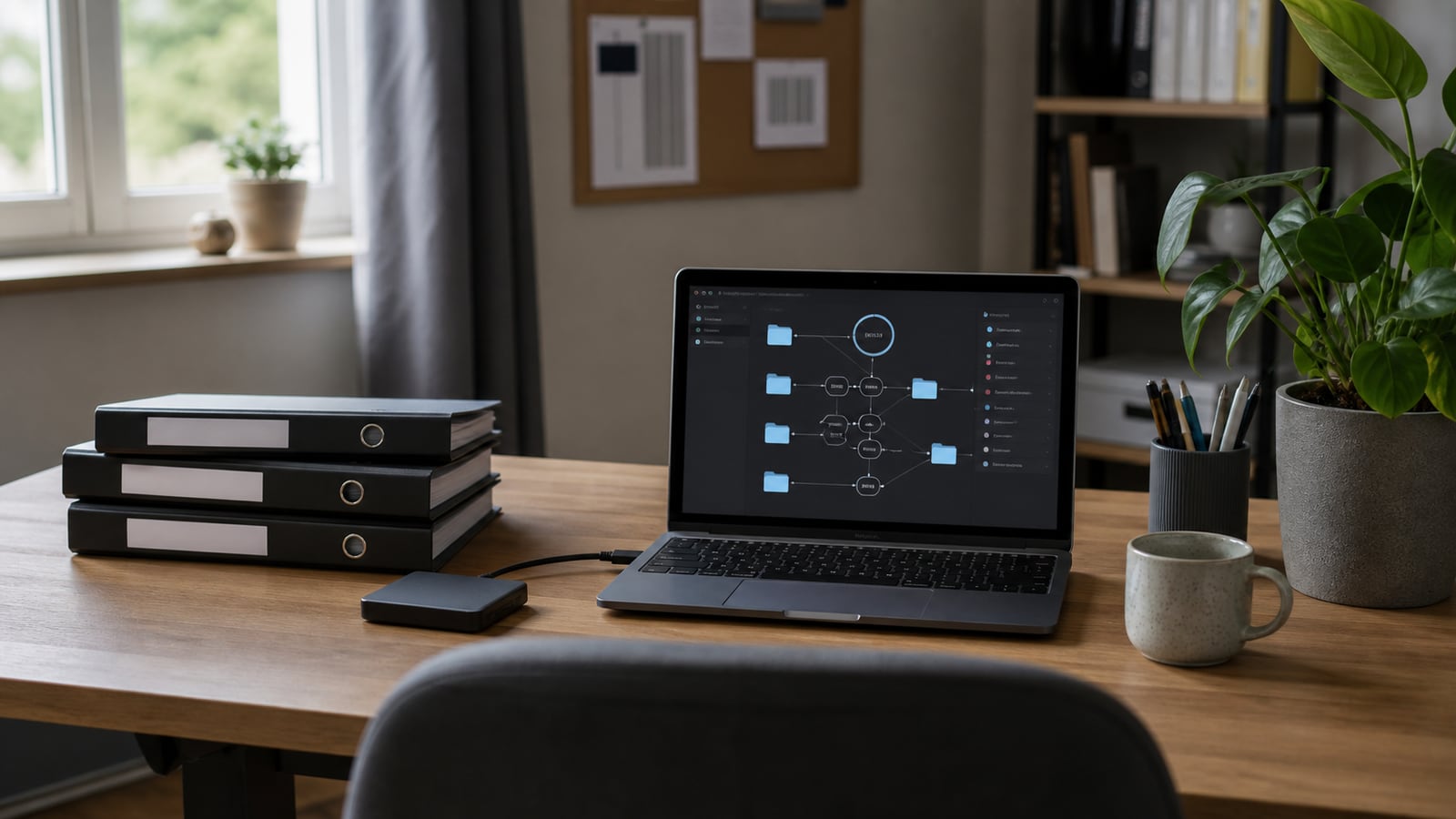 Geordneter Homeoffice-Arbeitsplatz mit Laptop, Archivordnern und externer Festplatte