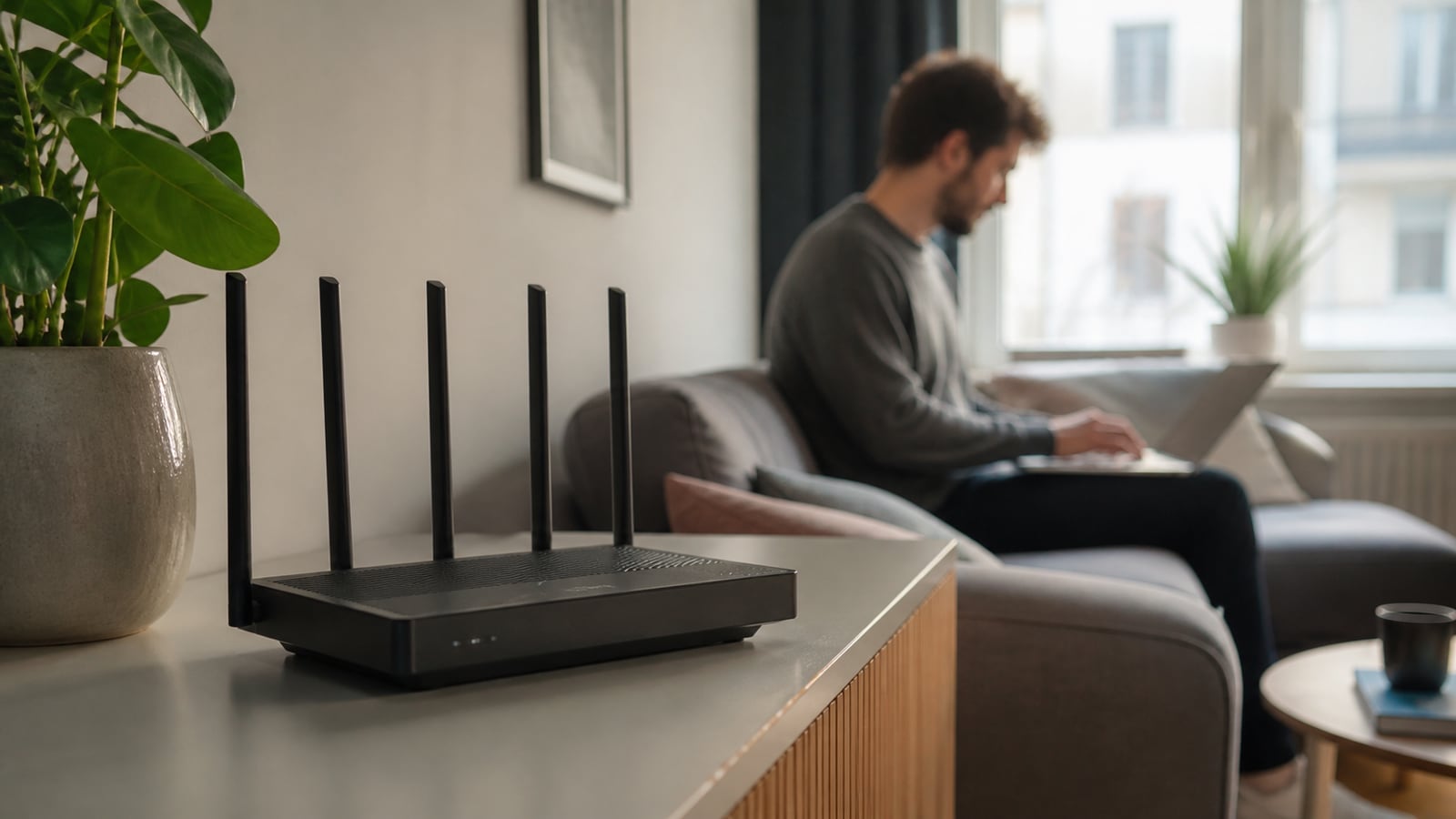 WLAN-Router in einer Wohnung mit einem Laptopnutzer im Hintergrund