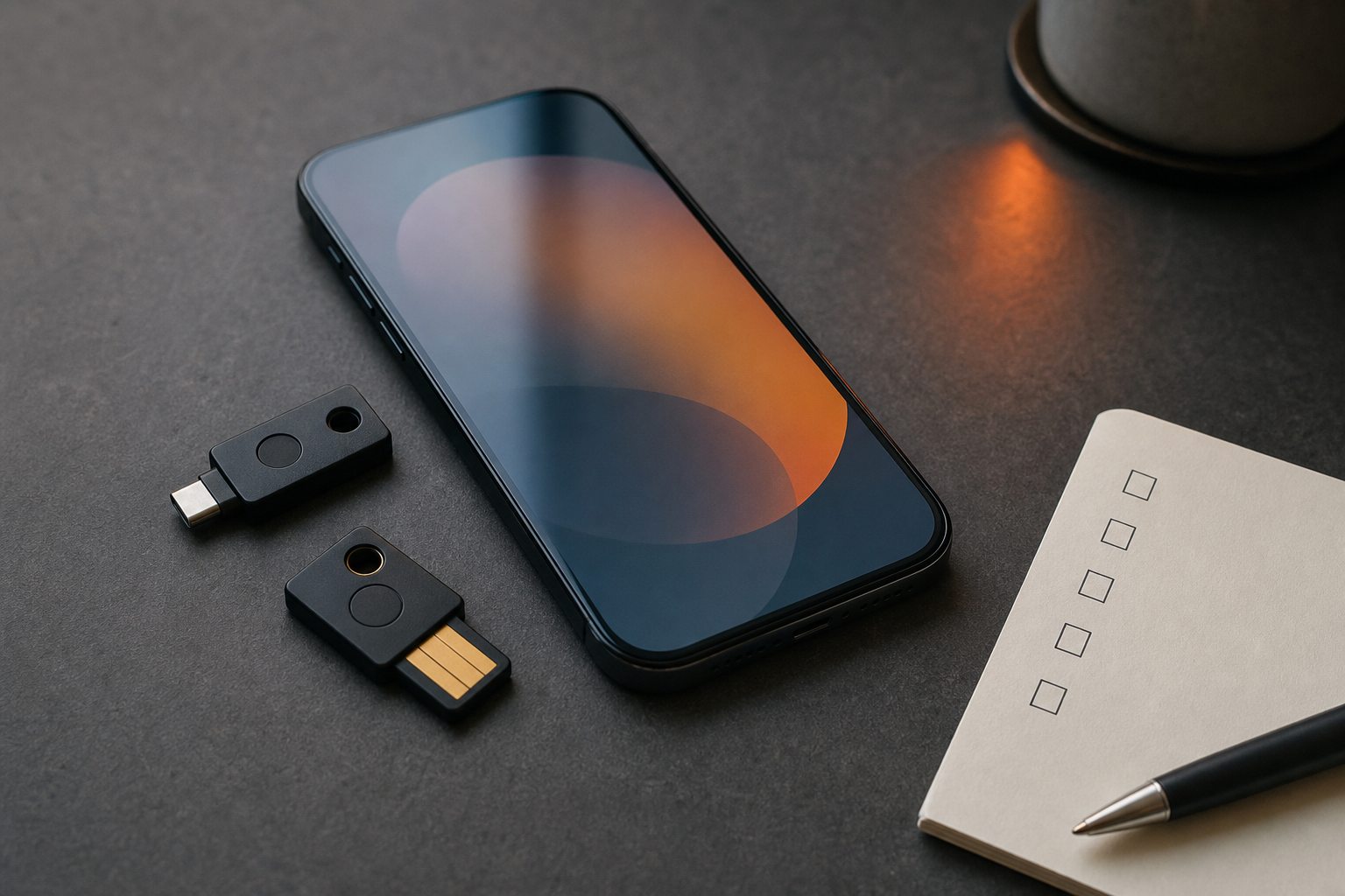 Zwei schwarze Sicherheitsschlüssel, Smartphone und leere Prüfliste auf einem dunklen Tisch